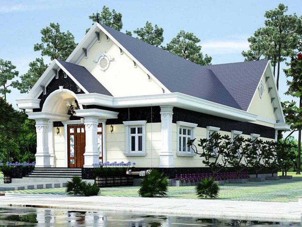 Biệt thự mái thái 1 tầng với gam màu trắng mái xanh làm nổi bật phong cách thiết kế