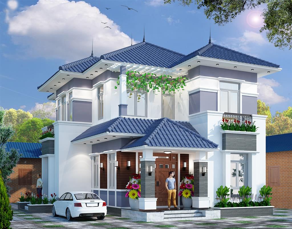 Biệt thự mái thái 2 tầng kết hợp trồng cây trên ban công tạo không khí trong lành